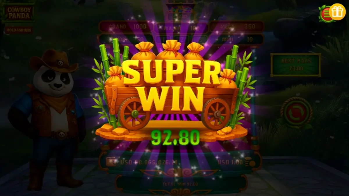 Cowboy Panda Hold & Spin slot machine interface na may makulay na jungle at Wild West theme.